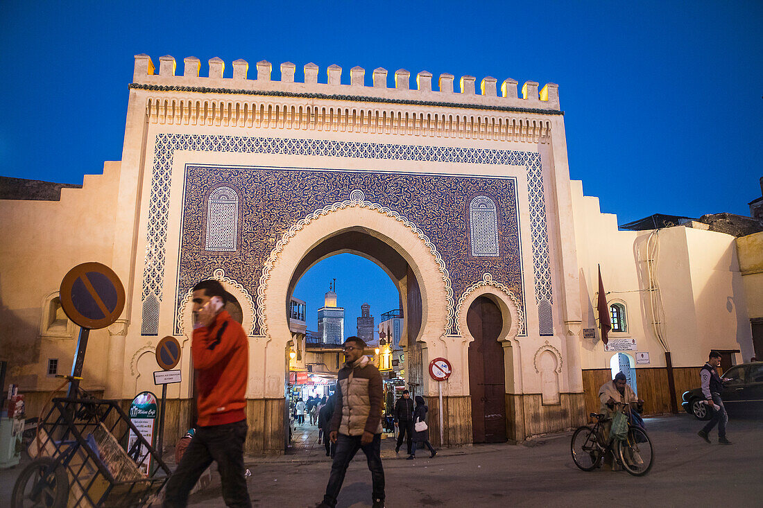 Bab Bou Jeloud gate, in background at right minaret of Sidi Lazaze, at left minaret of Medersa Bou Inania, medina,Fez.Morocco