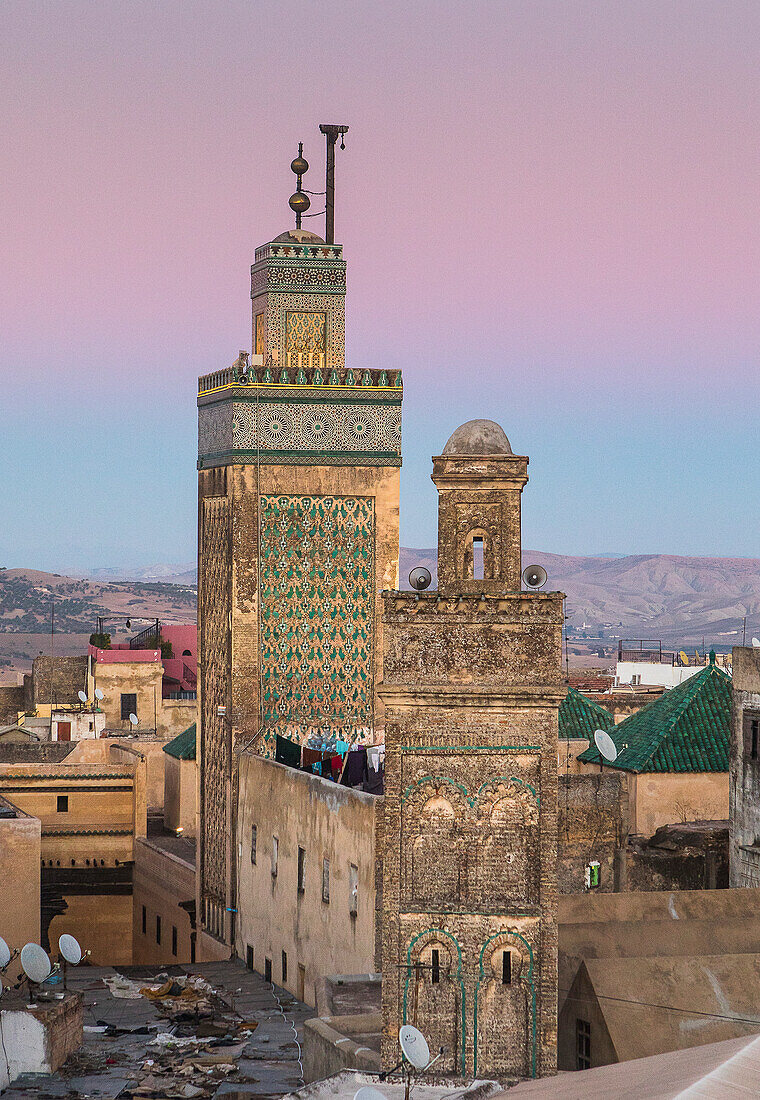 At right minaret of Sidi Lazaze, at left minaret of Medersa Bou Inania, Medina, Fez, Morocco
