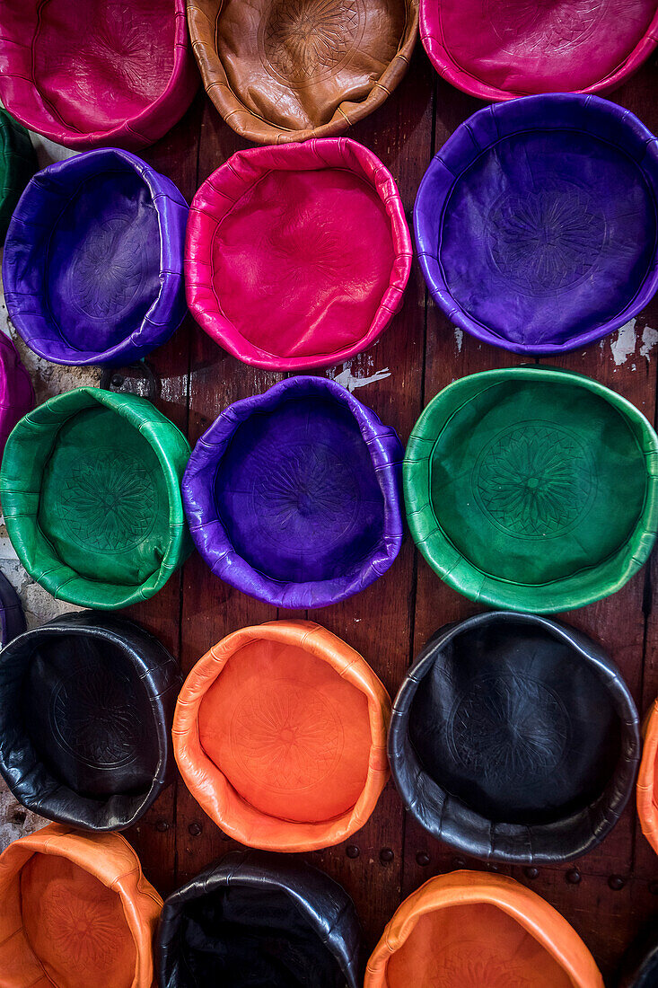 Pouffes for sale, medina, Fez. Morocco