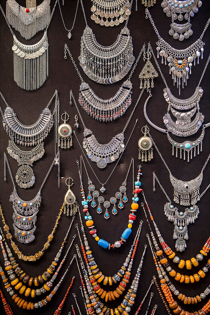 traditional pendants and earrings for sale, medina, Fez. Morocco