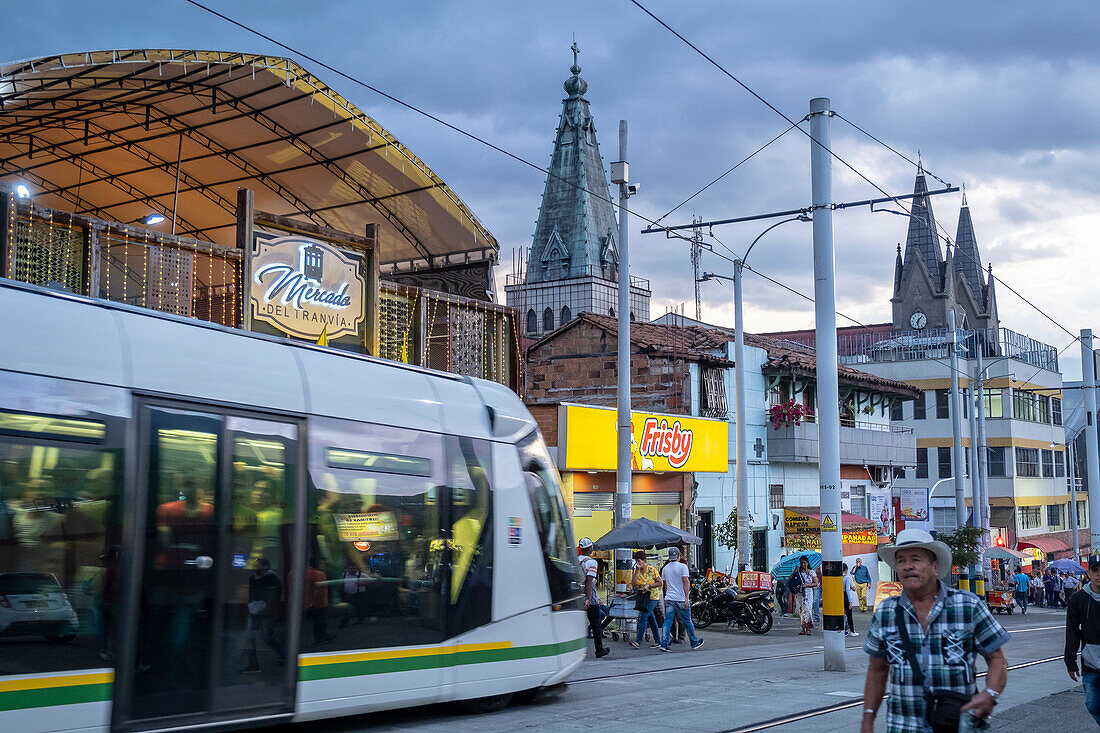 Ayacucho tram, tramway, street car, in Ayacucho avenue, 49 b street; Medellín, Colombia