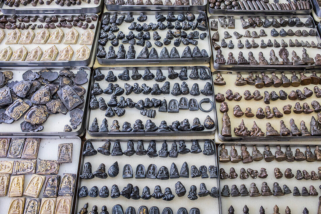 Detail of amulets at the amulet market, Bangkok, Thailand, Asia