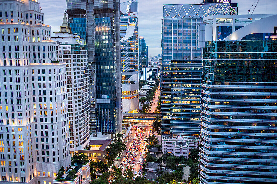 Skyline and Wireless Road at night, downtown, Bangkok, Thailand