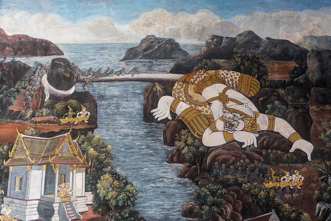 Paintings at the temple of the Emerald Buddha Wat Phra Kaeo, Grand Palace, Bangkok, Thailand