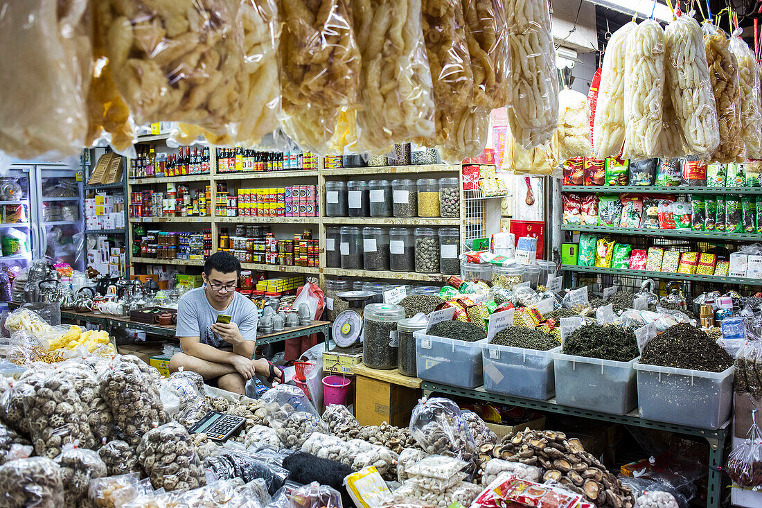 Geschäft für traditionelle chinesische Medizin, Flohmarkt, in der Itsara Nuphap Allee, Chinatown, Bangkok, Thailand