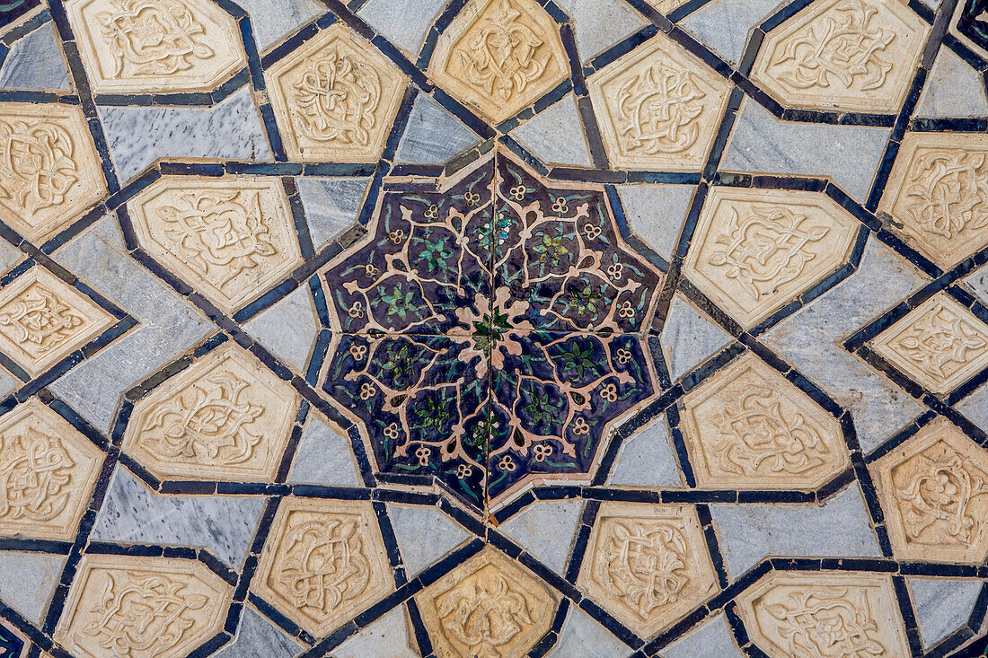 Detail, ornamentation, courtyard of Bibi-Khanym Mosque, Samarkand, Uzbekistan