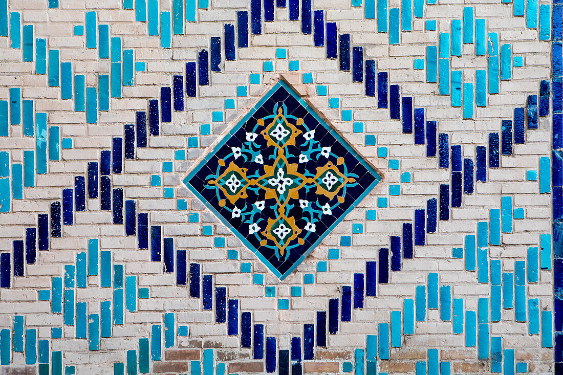 Detail, ornamentation of courtyard, Ulugbek Medressa, Registan, Samarkand, Uzbekistan