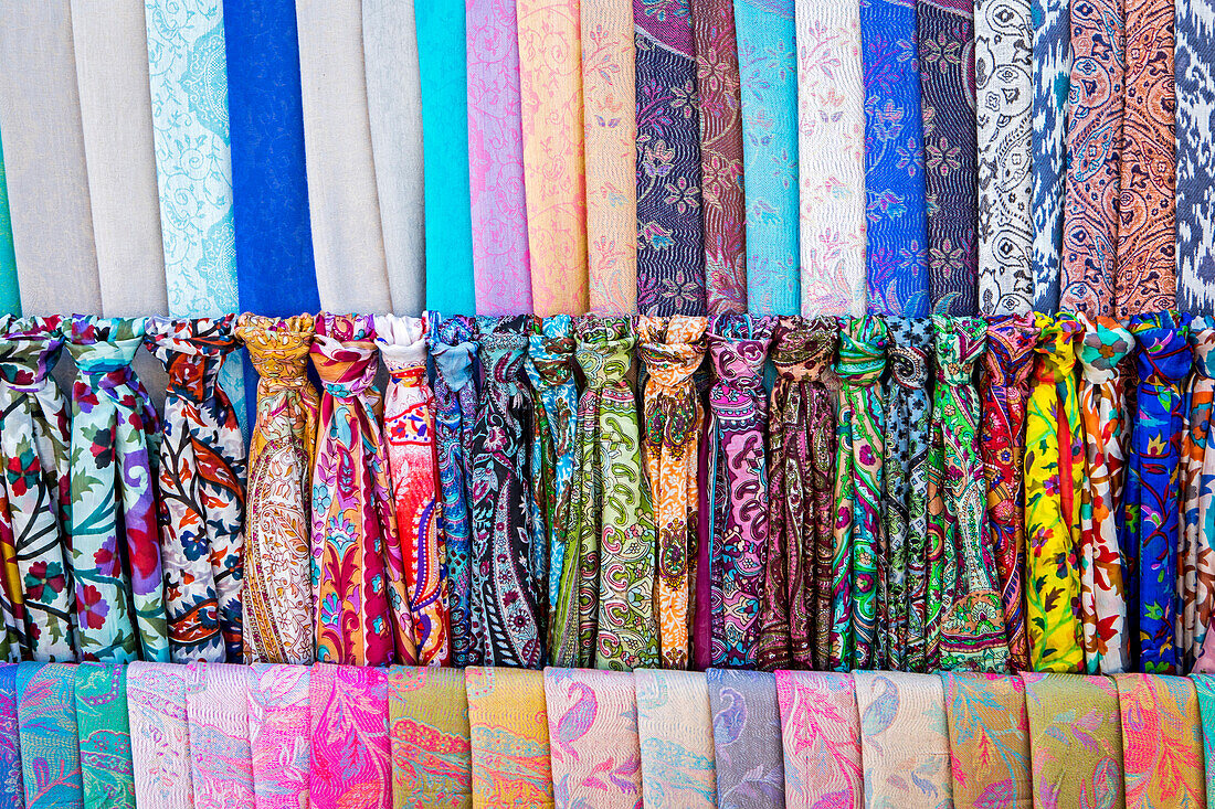 silk scarves, bazaar, Bukhara, Uzbekistan
