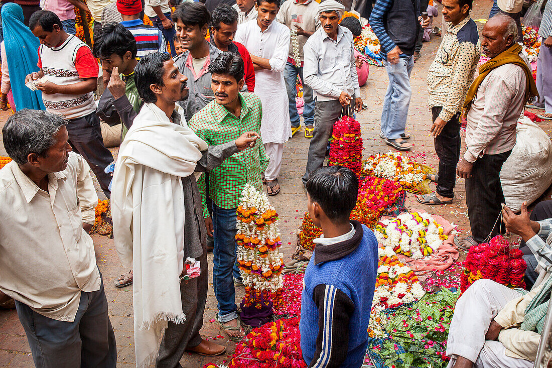 Männer feilschen. Der Blumenmarkt, Varanasi, Uttar Pradesh, Indien