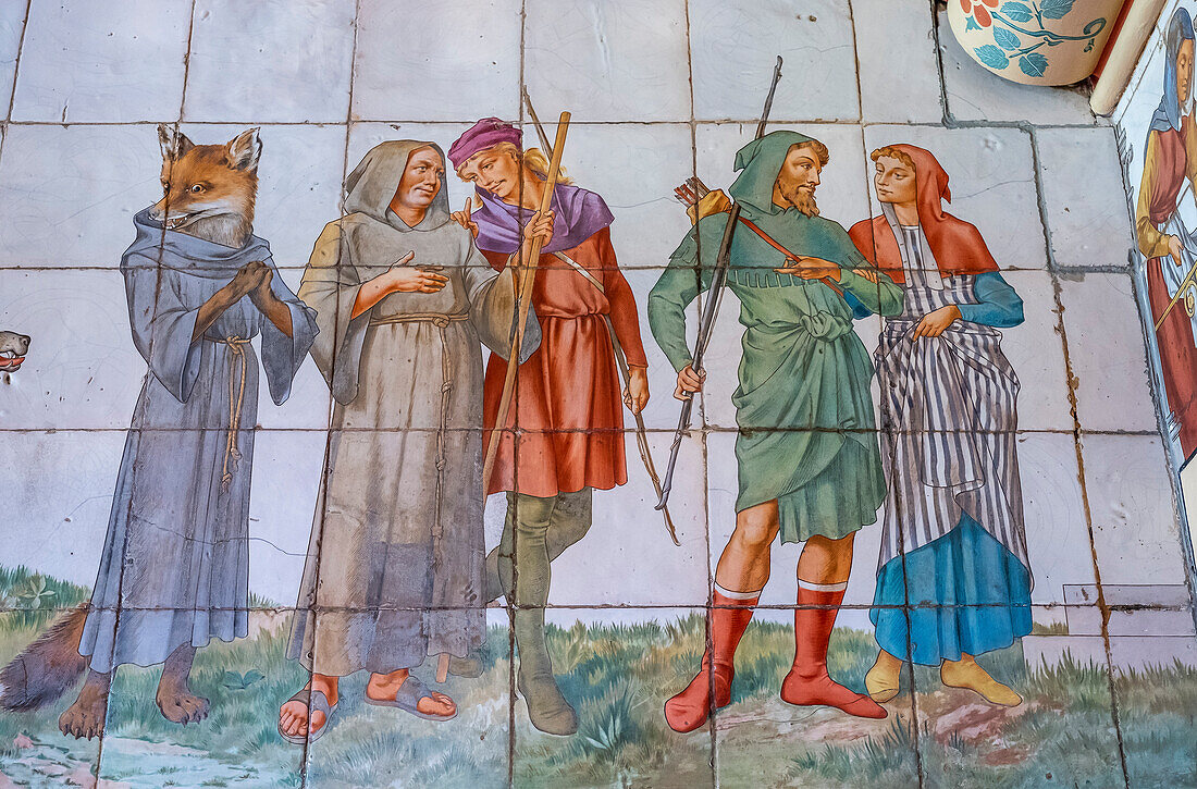 Cardiff Castle, Detail des Mosaiks in der Nursery; Darstellung von Robinhood und seinen Gefährten, Cardiff, Wales