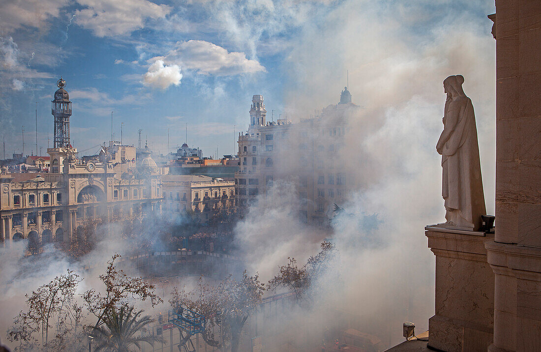 `Mascleta´ firecrackers in Plaza del Ayuntamiento,Fallas festival,Valencia,Spain