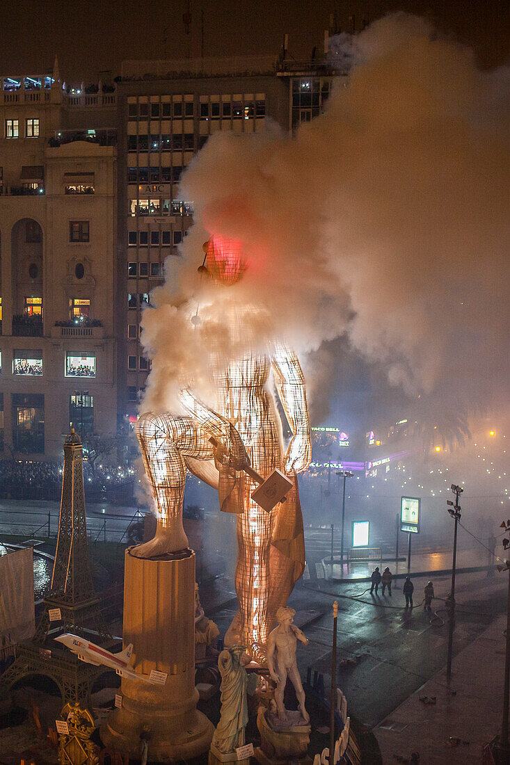 Crema, burning, Falla of Plaza del Ayuntamiento,Fallas festival,Valencia,Spain
