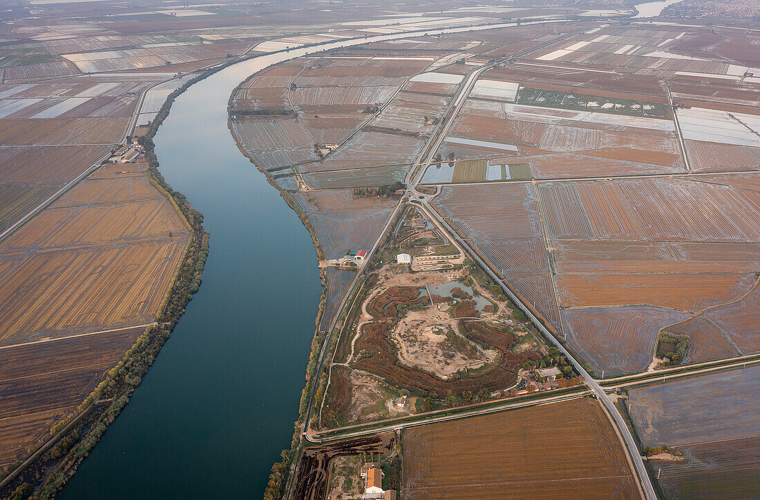 Luftaufnahme des Ebro-Flusses und der Reisfelder, im Ebro-Delta, Naturpark, Tarragona, Spanien