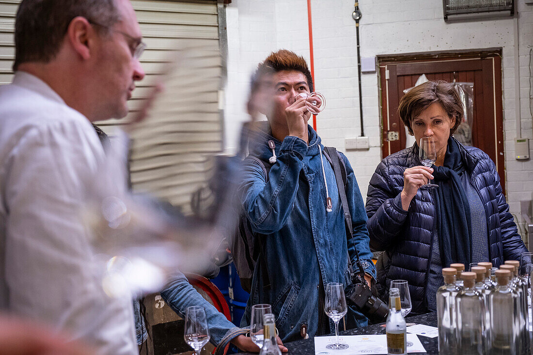 Gin tasting by Danny Cameron at The Dyfi distillery, artisan gin by Pete Cameron and Danny Cameron, Corris, Machynlleth, Wales