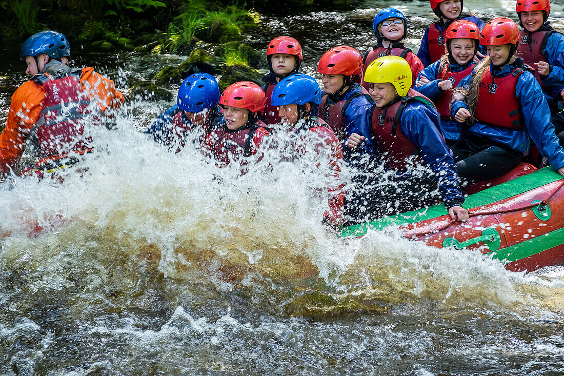 White water rafting at the National White Water Centre on the River Tryweryn, near Bala, Wales