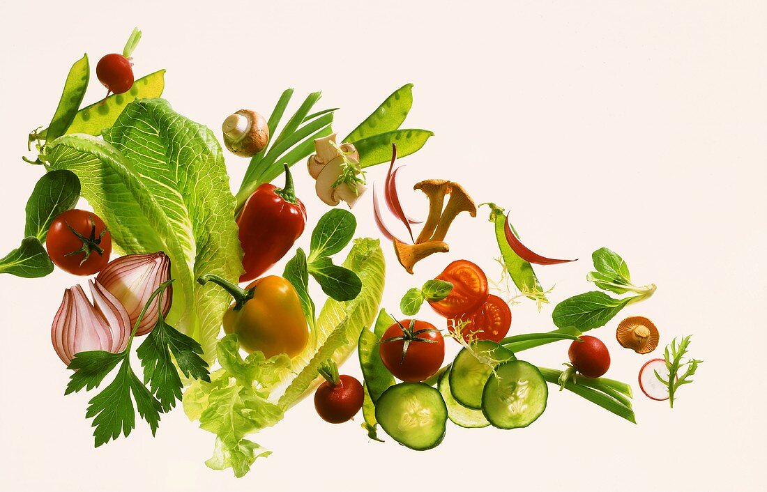 Stillleben mit Salatblättern, Gemüse & Pilzen (Salatzutaten)