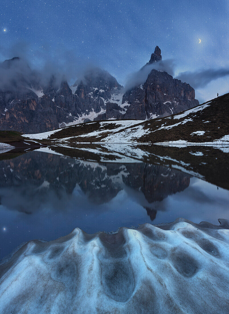 Reflection of the Cimon della Pala in the lake, Passo Rolle, Trento, Trentino Alto Adige, Italy, Southern Europe