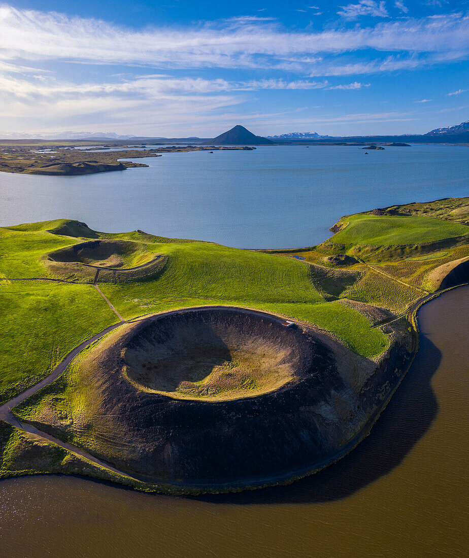 Aerial panoramic view of Myvatn craters at sunset during summer, Reykjahlíð, Norðurland eystra, Iceland, Northern Europe