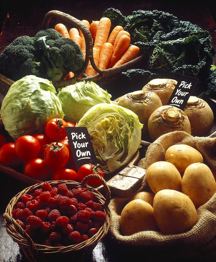 Assorted Fruit and Vegetables in Baskets