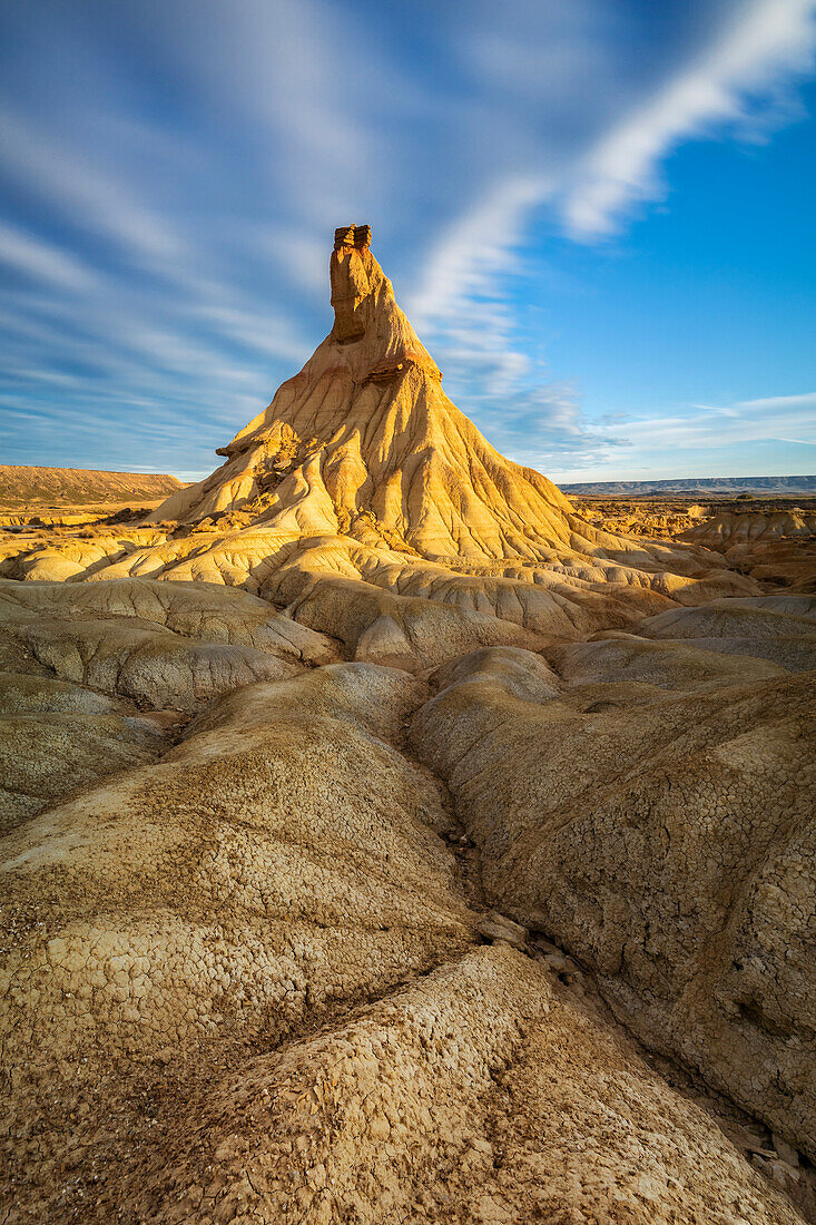 Castil de tierra at sunset, Bardenas Reales, Ebro Valley, Biosphere Reserve, Navarra, Spain, Western Europe