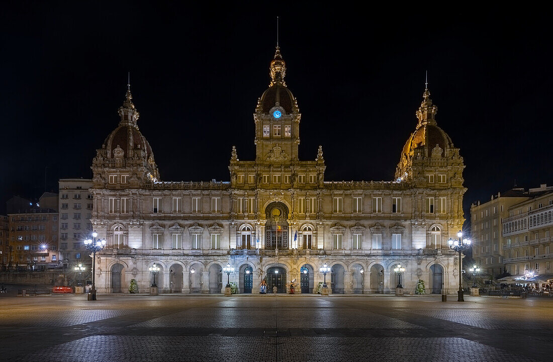 City hall and Maria pita square illuminated at night, A Coruna, Galicia, Spain, Iberian Peninsula, Western Europe