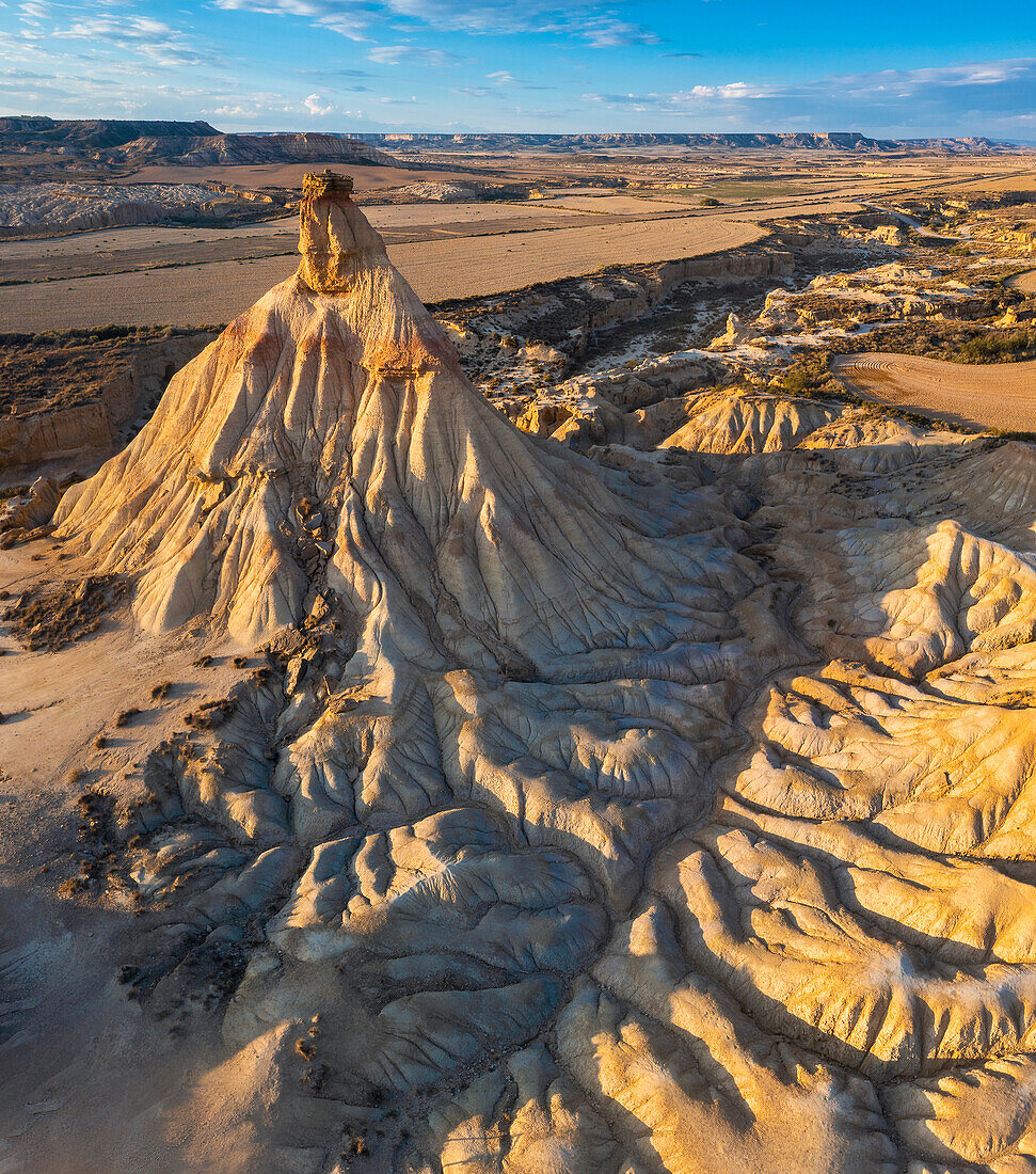 Aerial view of Castil de Tierra at sunset, Bardenas Reales, Ebro Valley, Biosphere Reserve, Navarra, Spain, Western Europe