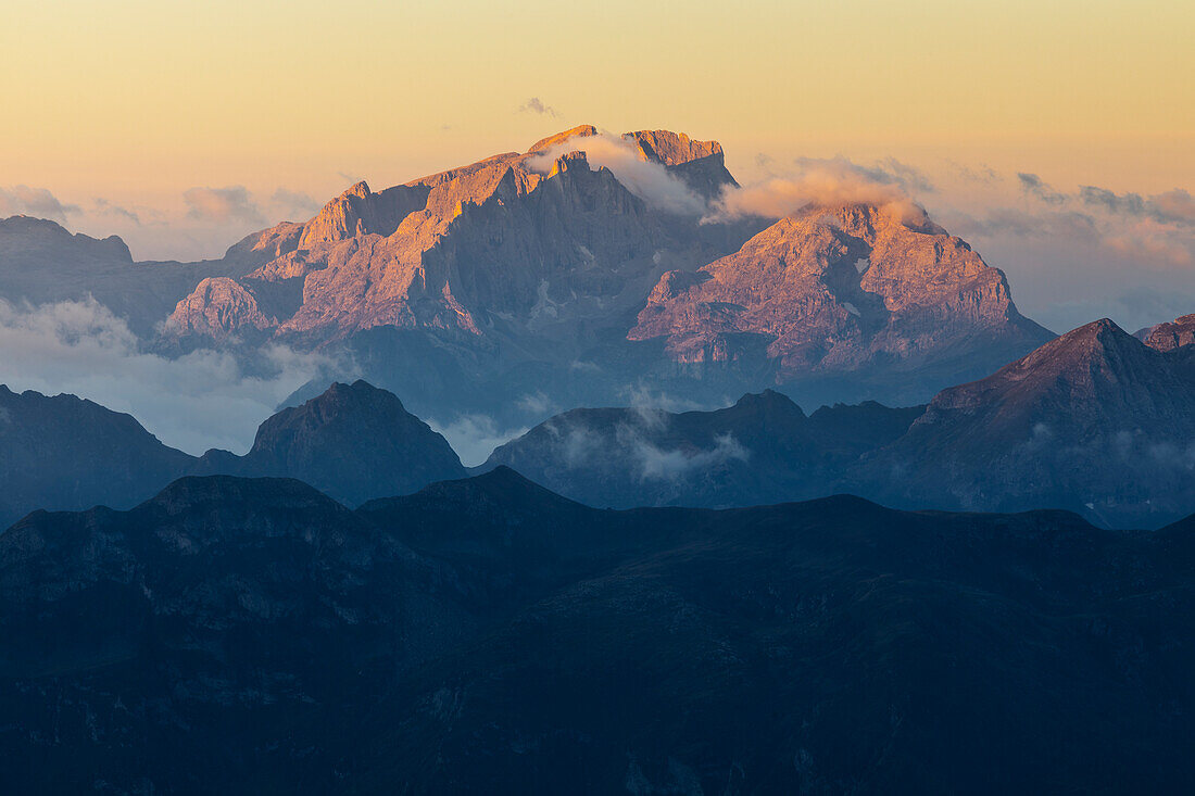 Cima Vezzana and Monte Mulaz viewed from Lagazuoi at sunrise during summer, Dolomiti di Zoldo, Belluno, Veneto, Italy, Southern Europe