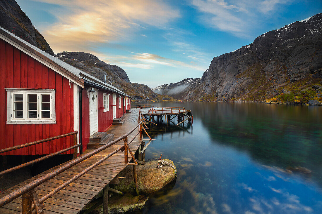 Rourbuer of Nusfjord at sunset, Flakstad, Flakstadoya, Nordland, Lofoten, Norway, Northern Europe