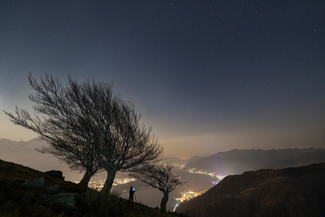A photographer during during night at Montemezzo with ancient trees and illuminated Como Lake, Alto Lario, Montemezzo, Como, Lombardy, Italy, Southern Europe