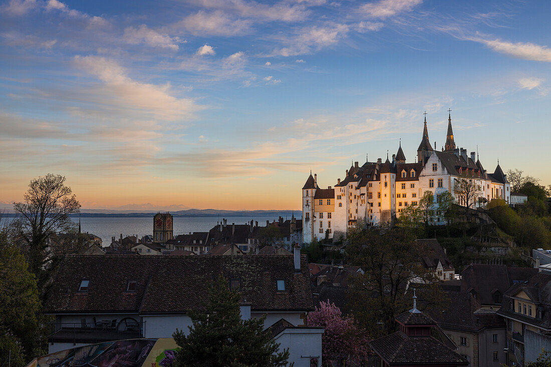 Neuchatel Castle illuminated at dusk, Neuchatel, Canton Neuchatel, Switzerland, Western Europe