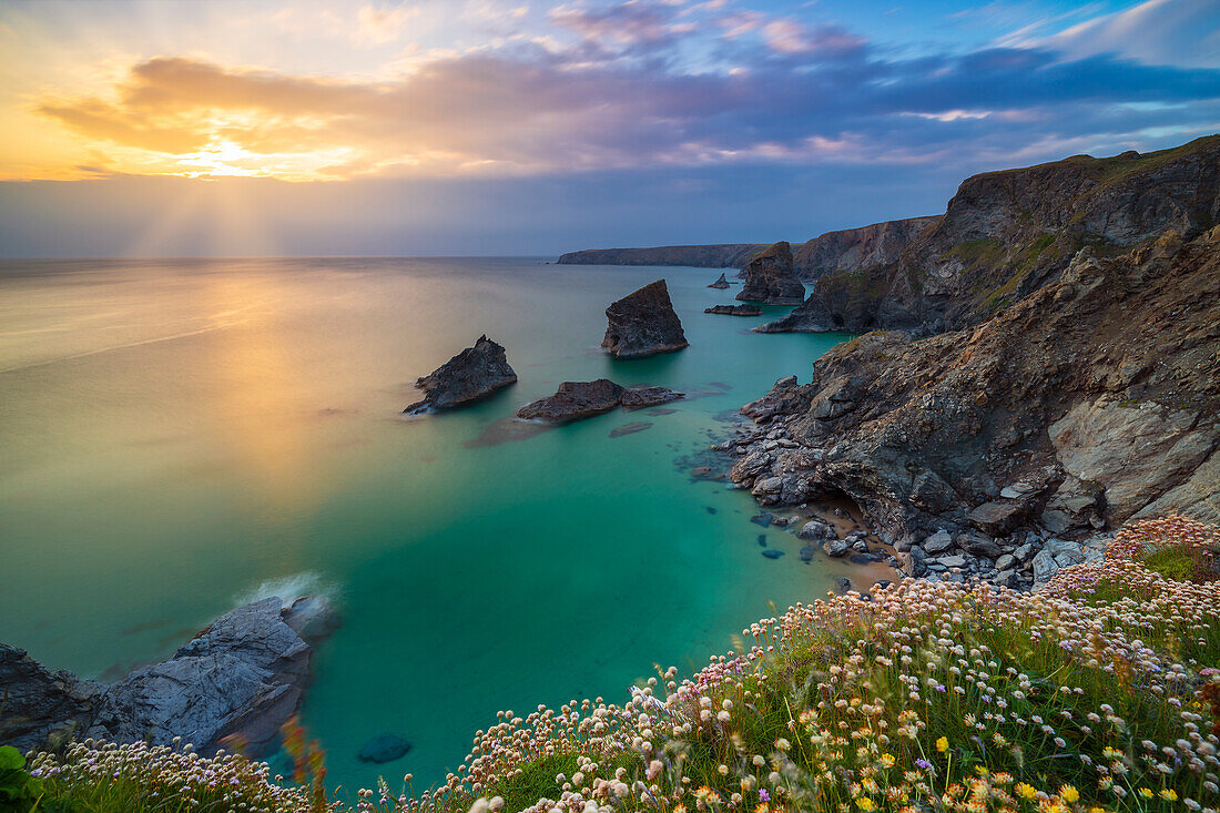 Sunset at Carnewas and Bedruthan Steps, Bedruthan Steps, Newquay, Cornwall, United Kingdom, Northern Europe