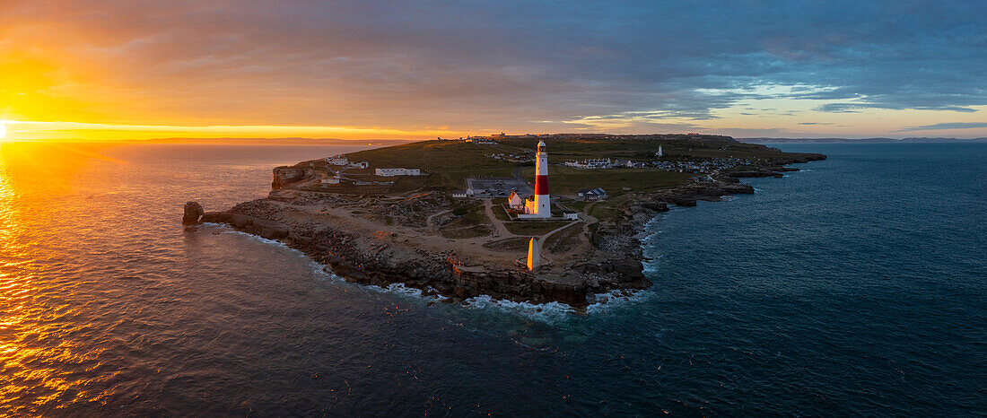 Panoramic and Aerial view of Portland Bill Lighthouse at sunset, Isle of Portland, Dorset, United Kingdom, Northern Europe