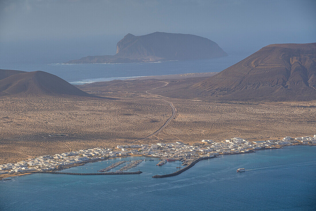 Town of Caleta del Sebo. Panorama of La Graciosa Island from Mirador del Rio. Lanzarote, Canary Islands, Spain