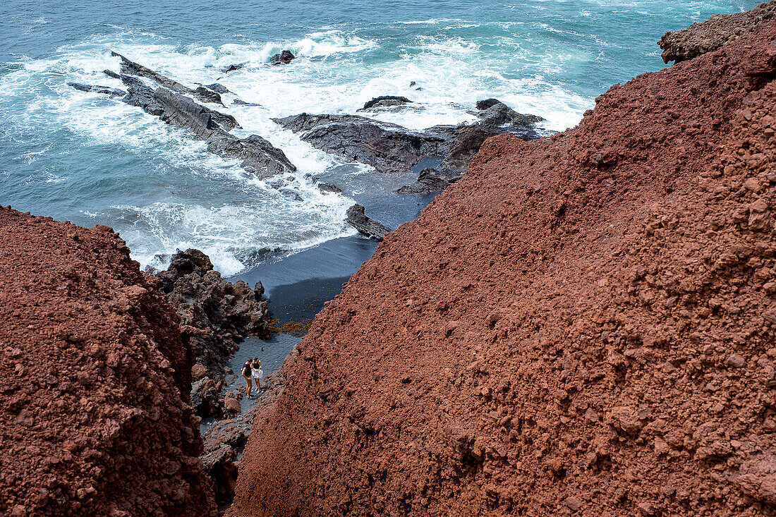 Lava beaches at the fishing village El Golfo, Lanzarote island, Canary islands, Spain,
