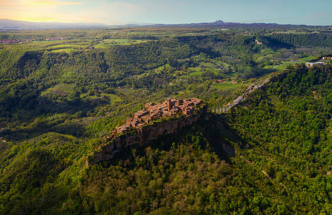 Aerial view of Civita di Bagnoregio at sunrise, Bagnoregio, Viterbo, Lazio, Italy, Southern Europe