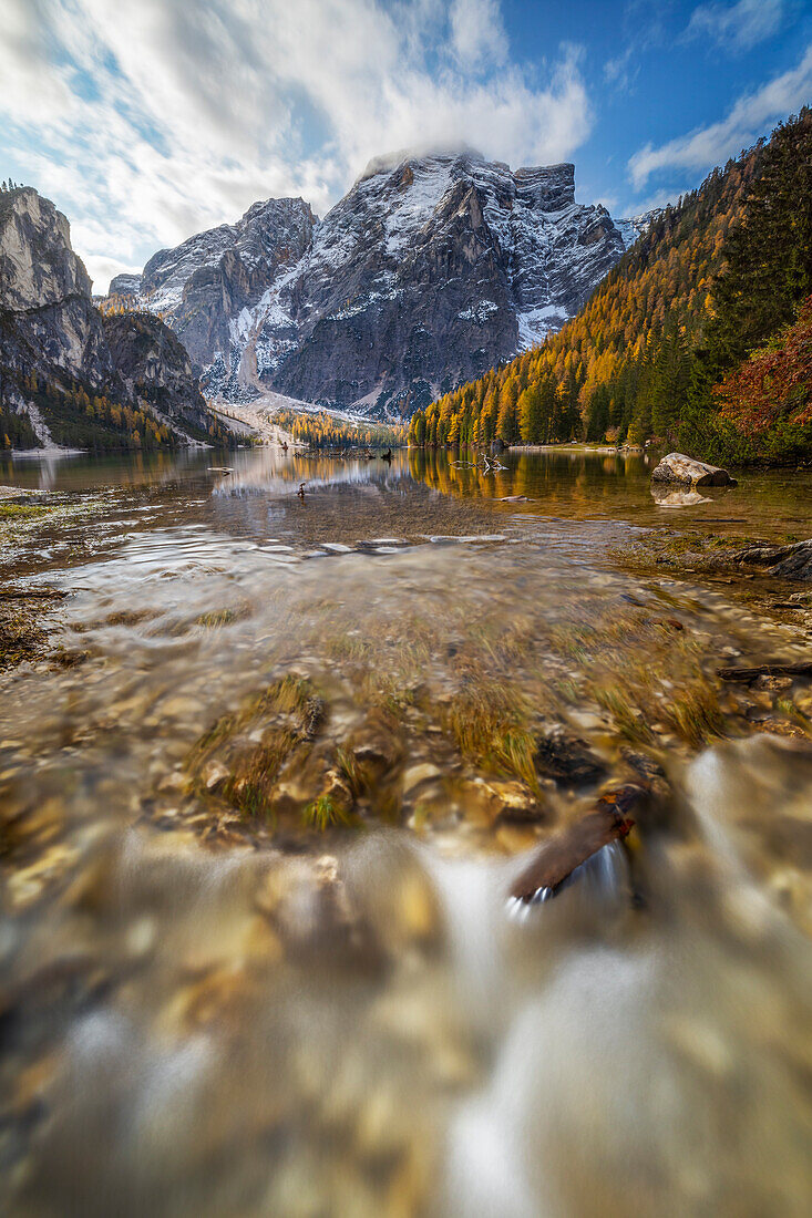 Braies lake during autumn, Braies, Bolzano, Trentino Alto Adige, Italy, Western Europe
