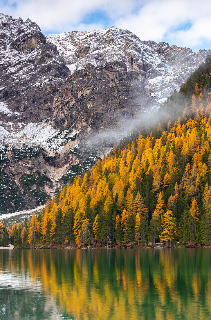 Braies lake during autumn at sunrise, Braies, Bolzano, Trentino Alto Adige, Italy, Western Europe