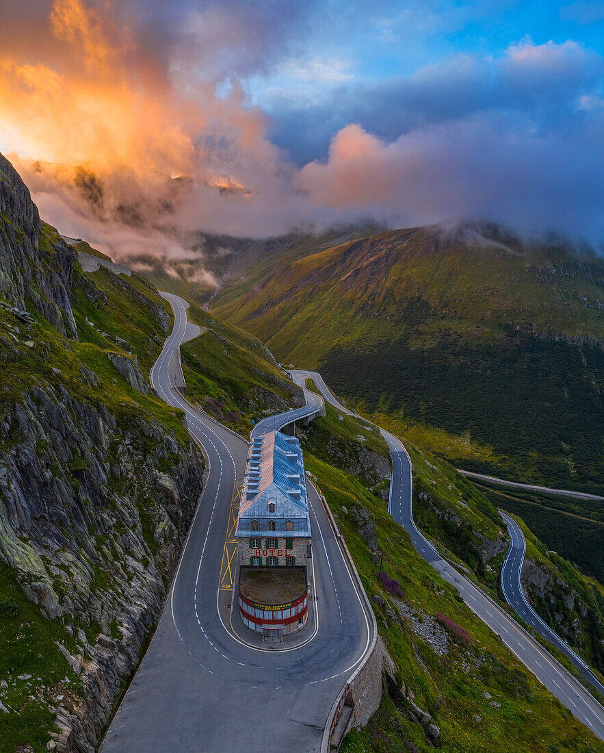 Aerial view of Hotel Belvedere and Furkapass at sunrise during summer, Uri, Canton Vallese, Oberalp, Switzerland, Western Europe