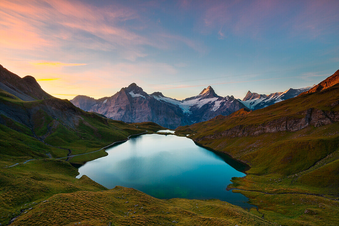Bachalpsee and mountains during sunrise, Jungfrau region, Canton Berna, Oberland, Switzerland, Western Europe (MR)