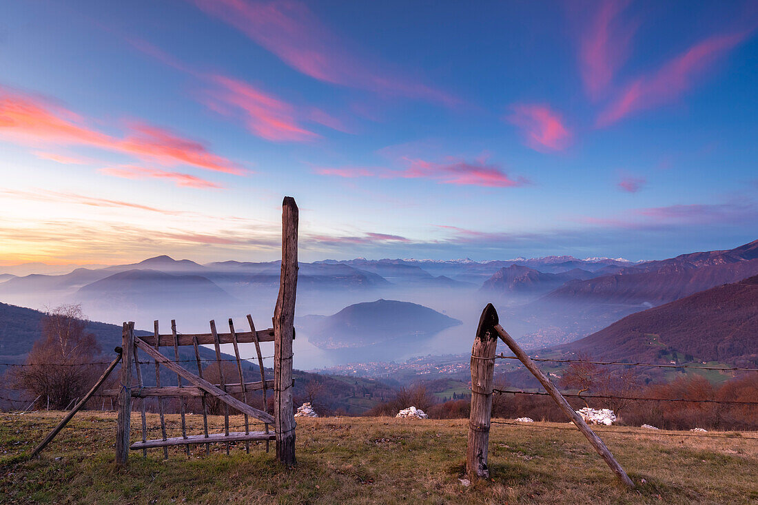 Sunset on Iseo Lake from Colmi of Sulzano viewpoint. Sulzano, Brescia district, Lombardy, Italy.