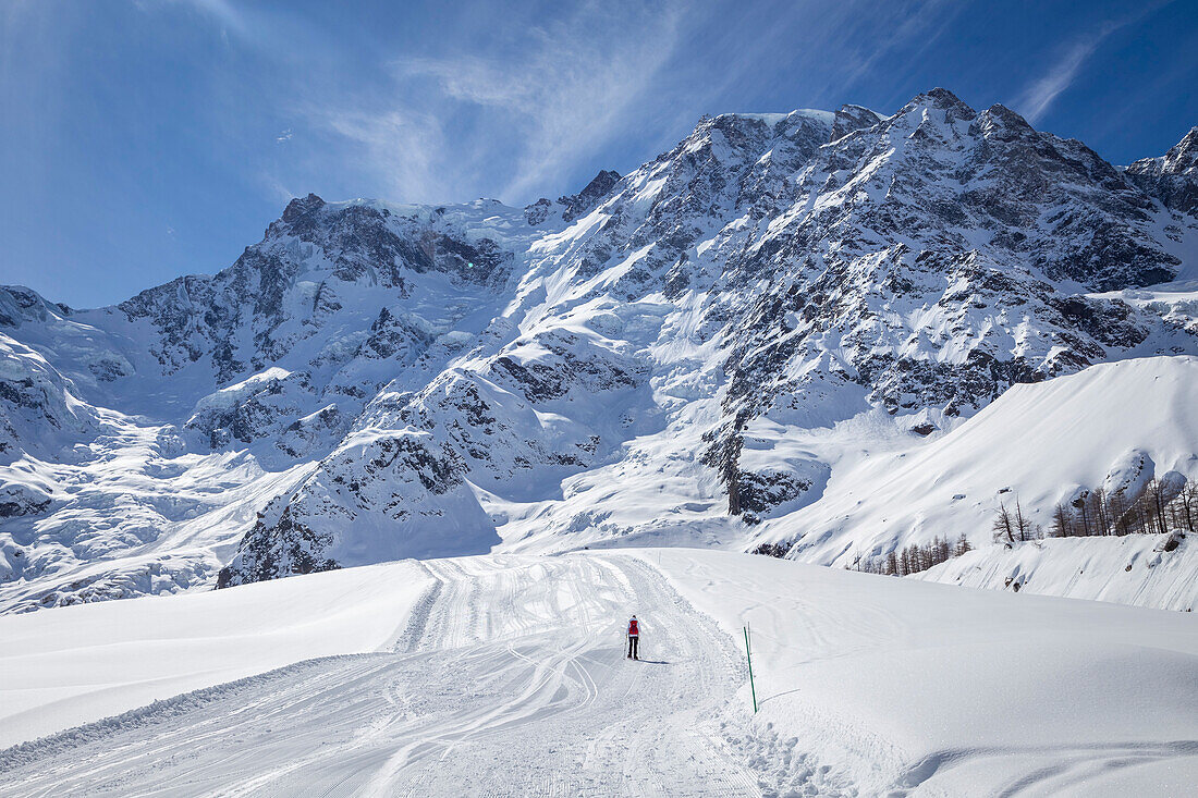 A trekker with snowshoes walking on the winter track on Belvedere Glacier at the foot of the East face of Monte Rosa Massif. Macugnaga, Anzasca Valley, Verbano Cusio Ossola province, Piedmont, Italy.