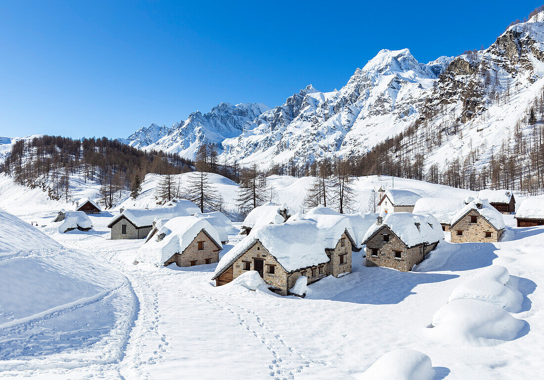 The small town of Crampiolo and monte Cervandone in a winter day, Alpe Devero, Antigorio valley, Piedmont, Italy.