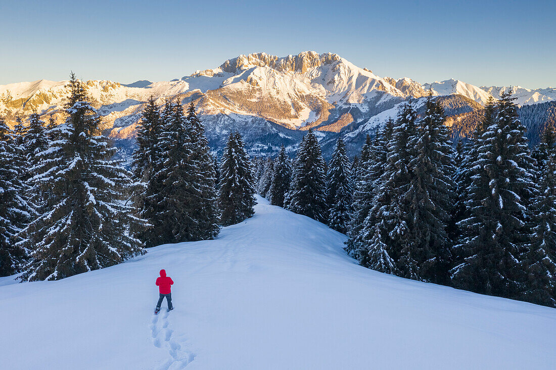 Aerial view of a trekker admiring the Presolana massif during a winter sunrise from Monte Pora, Val Seriana, Bergamo district, Lombardy, Italy.