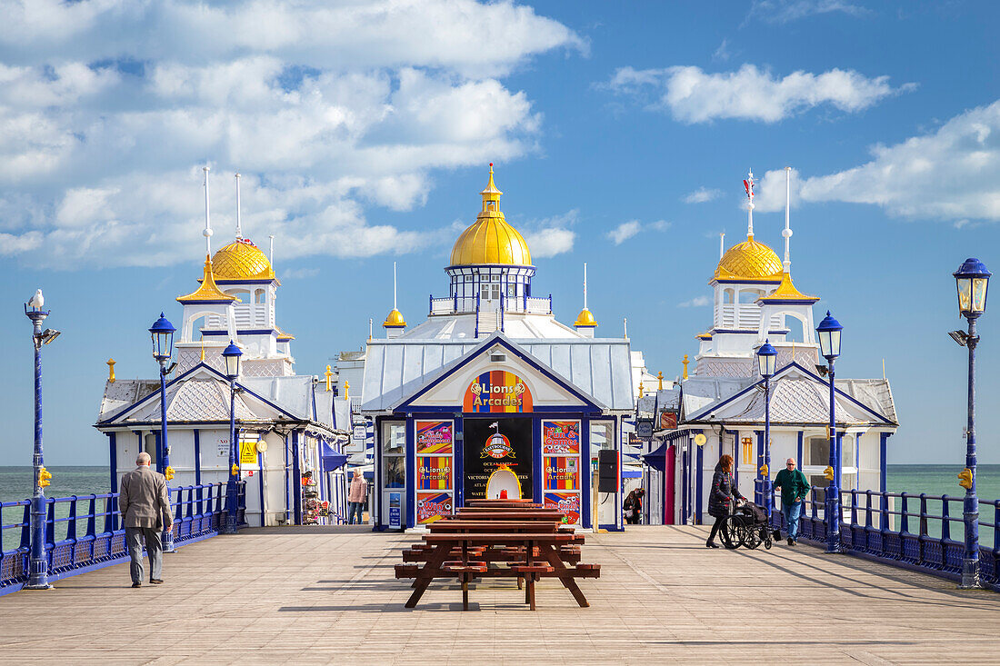 Daylight view of the Eastbourne pier from the shore. Eastbourne, East Sussex, England, United Kingdom.