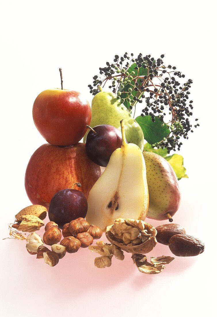 Still Life of Assorted Fruits Vegetables and Nuts