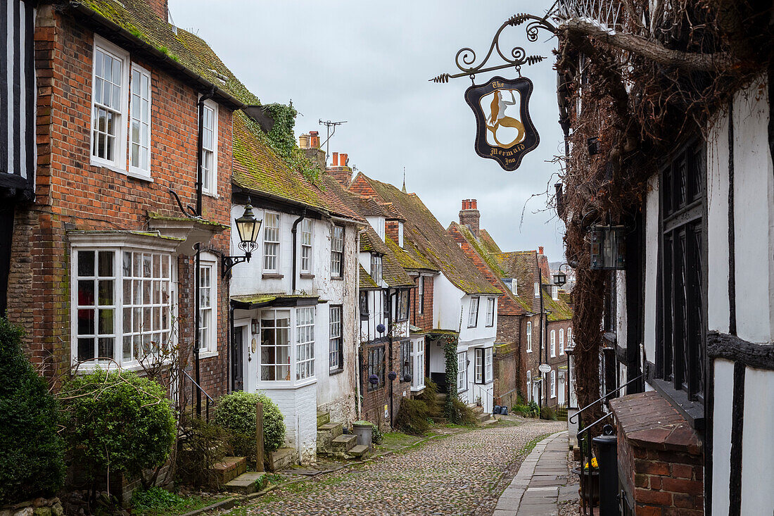 View of the old streets of the village of Rye, East Sussex, southern England, United Kingdom.