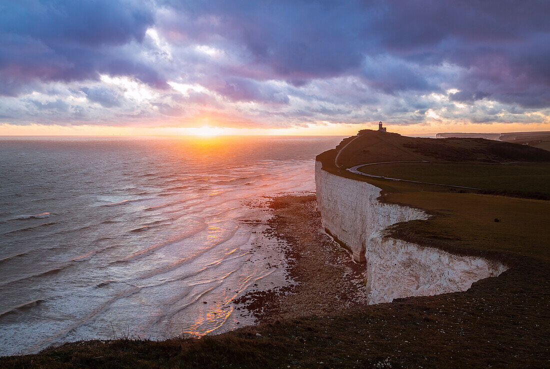 View of the Belle Tout lighthouse at sunset. Beachy Head, Eastbourne, East Sussex, southern England, United Kingdom.