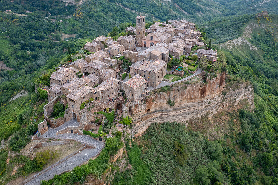 Aerial view of Civita di Bagnoregio at sunrise, Viterbo district, Lazio, Italy, Europe.