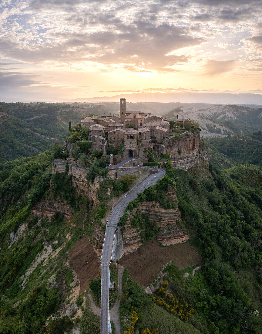 Aerial view of Civita di Bagnoregio at sunrise, Viterbo district, Lazio, Italy, Europe.