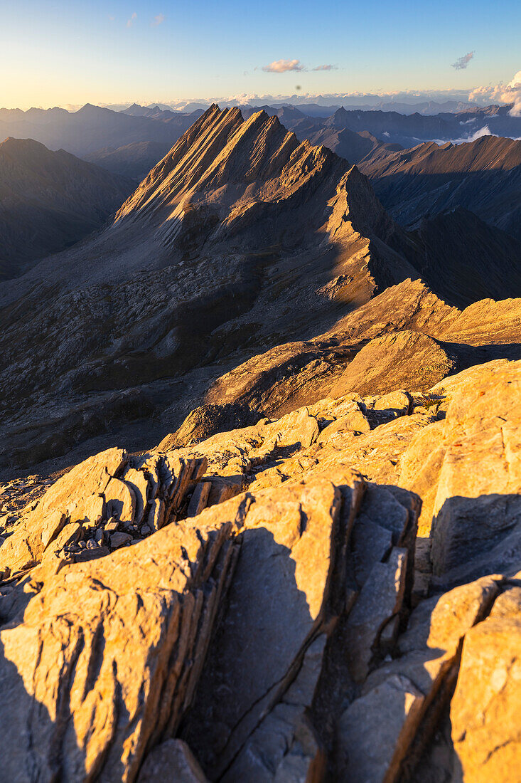 Elevated view from Pain de Sucre of Crete de la Taillante at sunset during summer, Pain de Sucre, Col Agnel, Alpi Cozie, Cuneo, Provance, Piedmont, France, Italy, Southern Europe